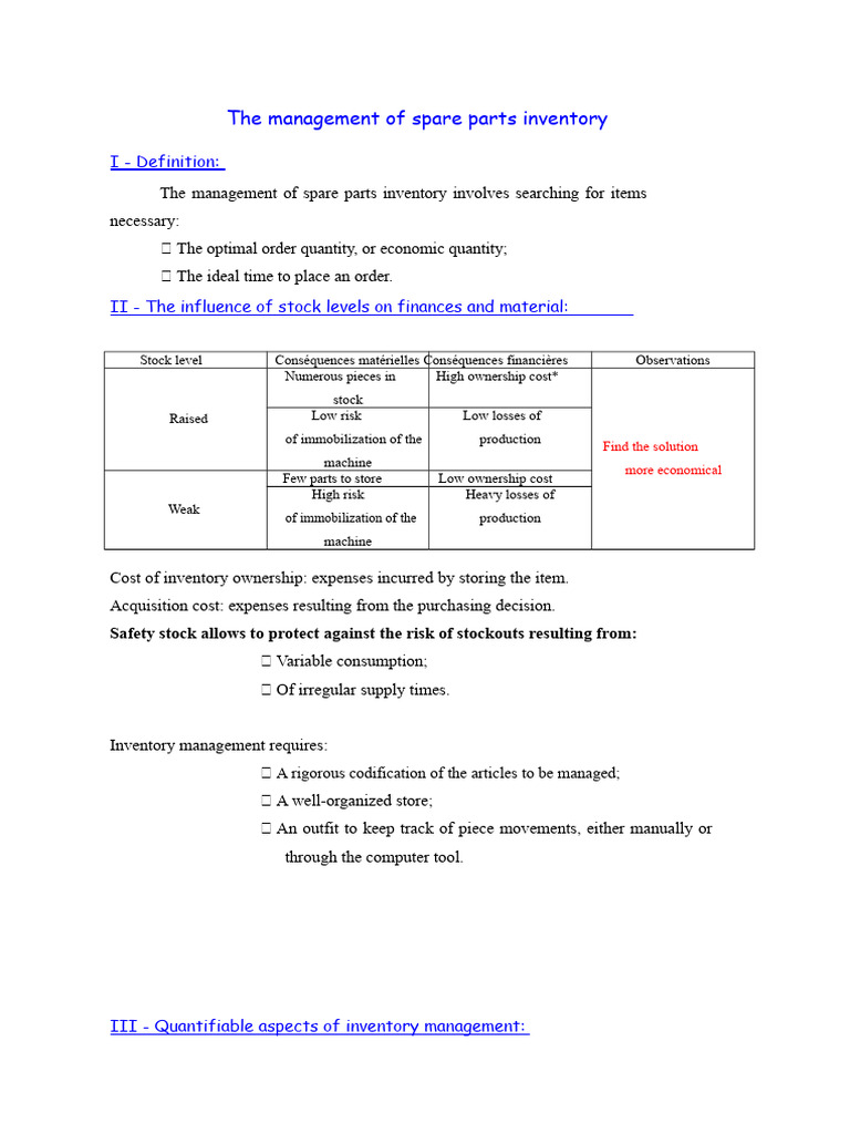 The Management of Spare Parts Inventory | PDF | Inventory | Cost