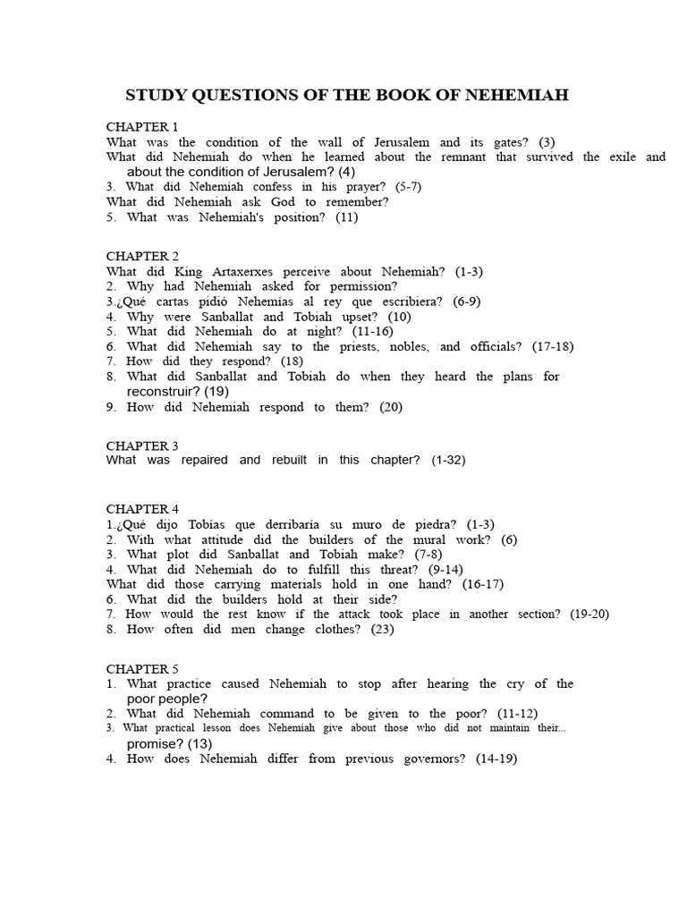 Nehemiah Study Questions Guide | PDF | Books Of The Hebrew Bible | Old ...