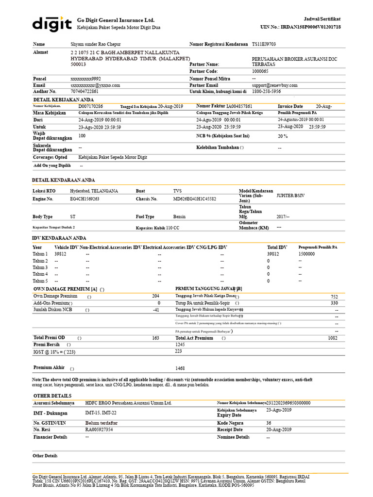 Sertifikat Asuransi Motor Go Digit | PDF