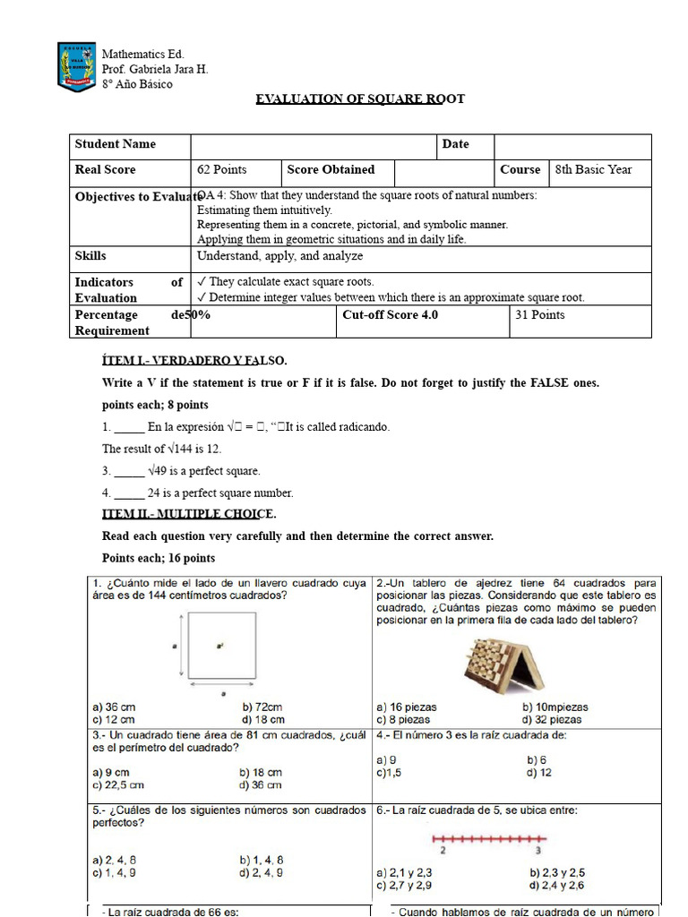 SQUARE ROOT ASSESSMENT 8TH GRADE | PDF | Square Root | Elementary ...