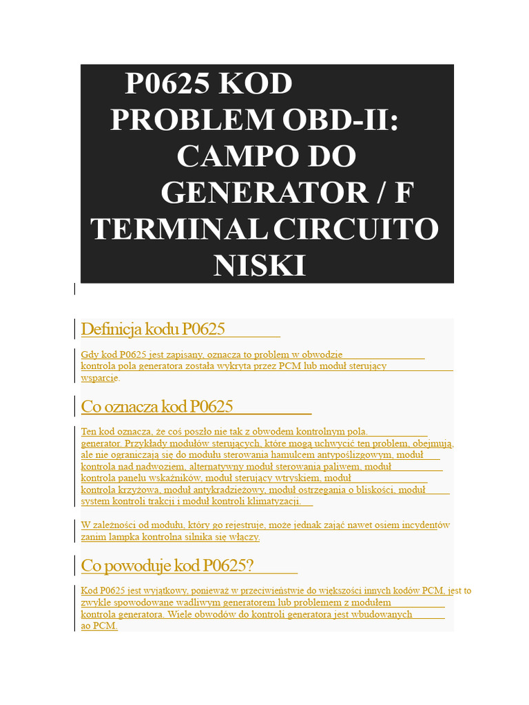 P0625 Kod Problemu Obd | PDF