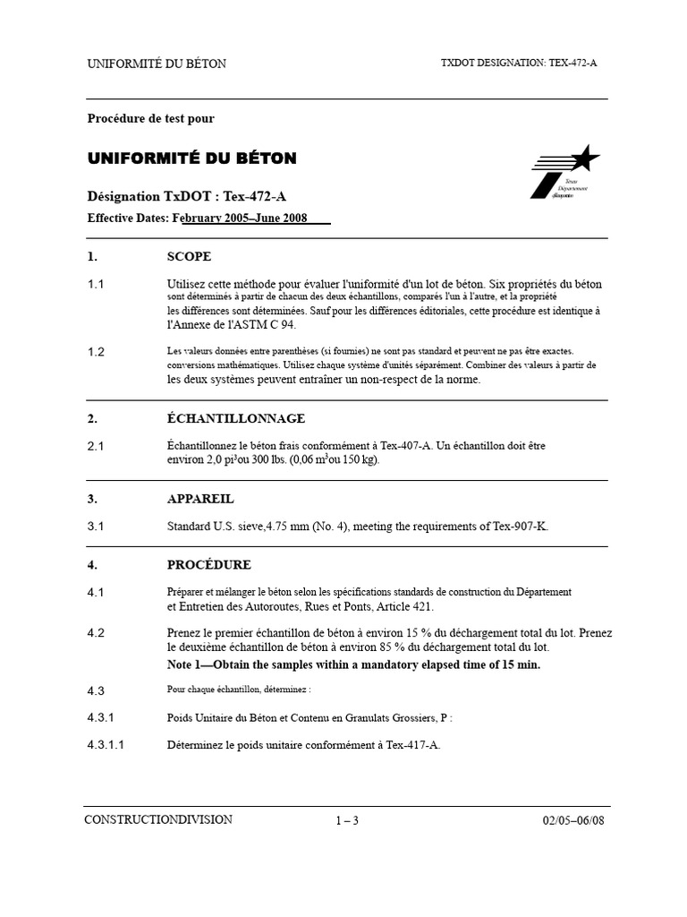 Test d'uniformité du béton TxDOT TEX-472-A | PDF | Béton | Ingénierie ...