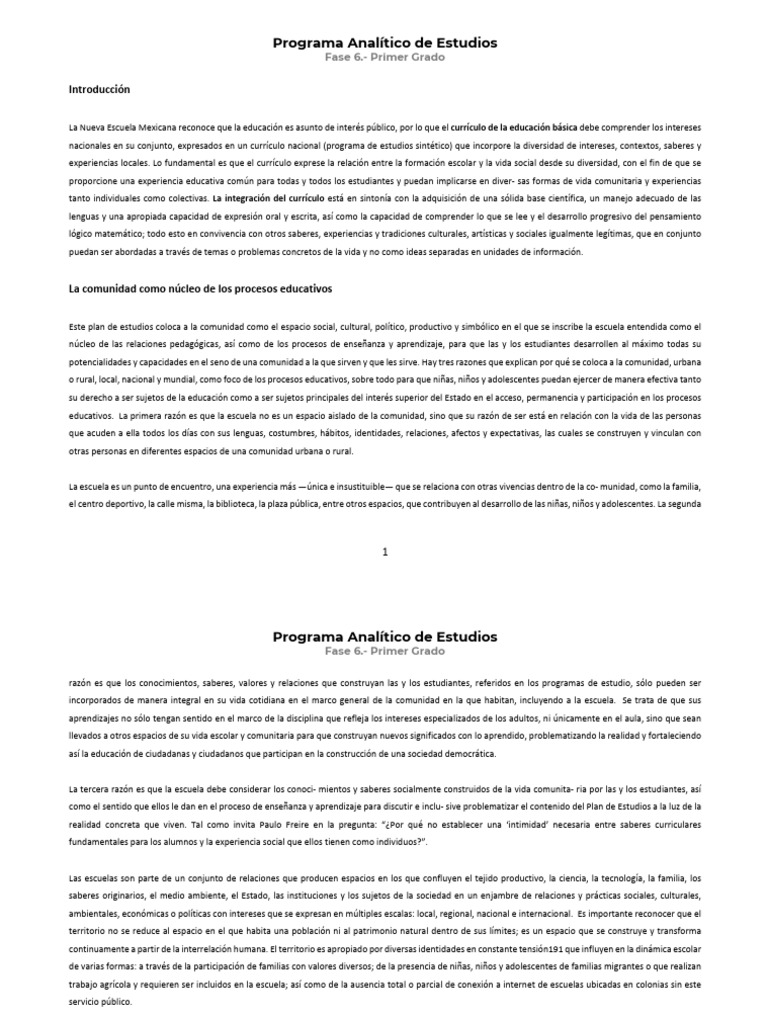Programa de Estudios Primer Grado 2022 | PDF | Plan de estudios ...