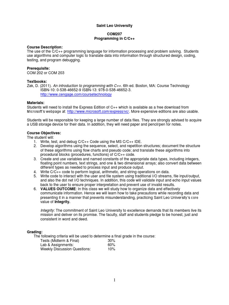 COM207 Syllabus C++ C (Programming Language)