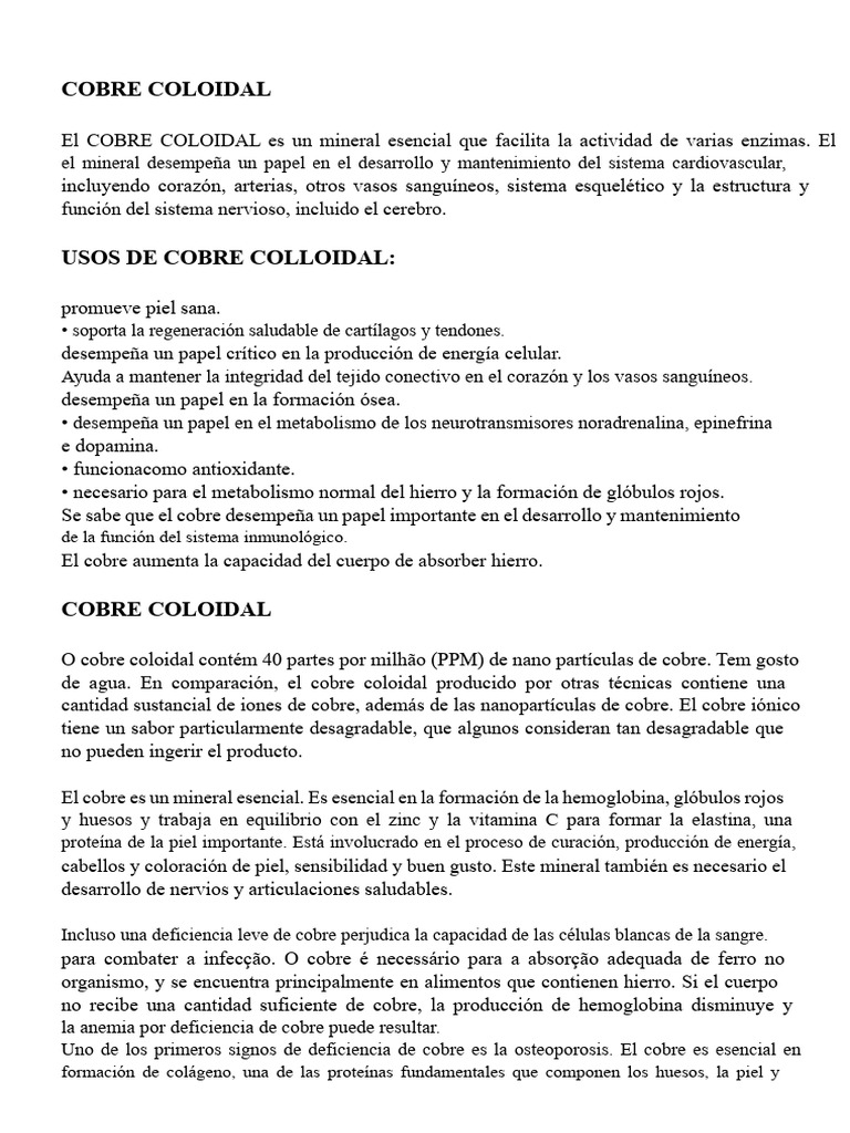 Beneficios y Usos del Cobre Coloidal | PDF | Cobre | Hueso