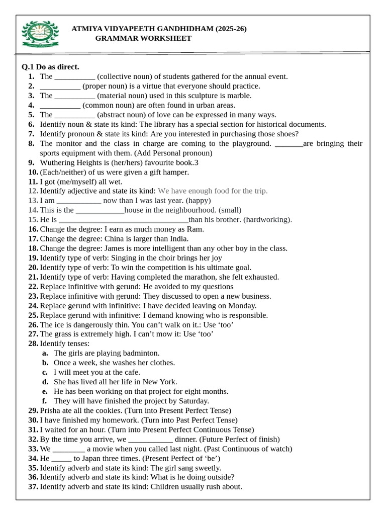 Class 8 English Worksheet 1 | PDF | Verb | Noun