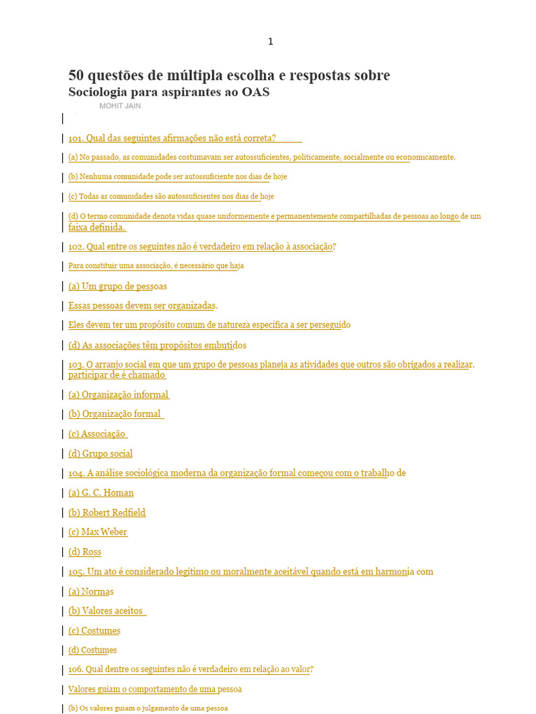 Questões de Sociologia para OAS | PDF | Sociologia | Desvio (Sociologia)