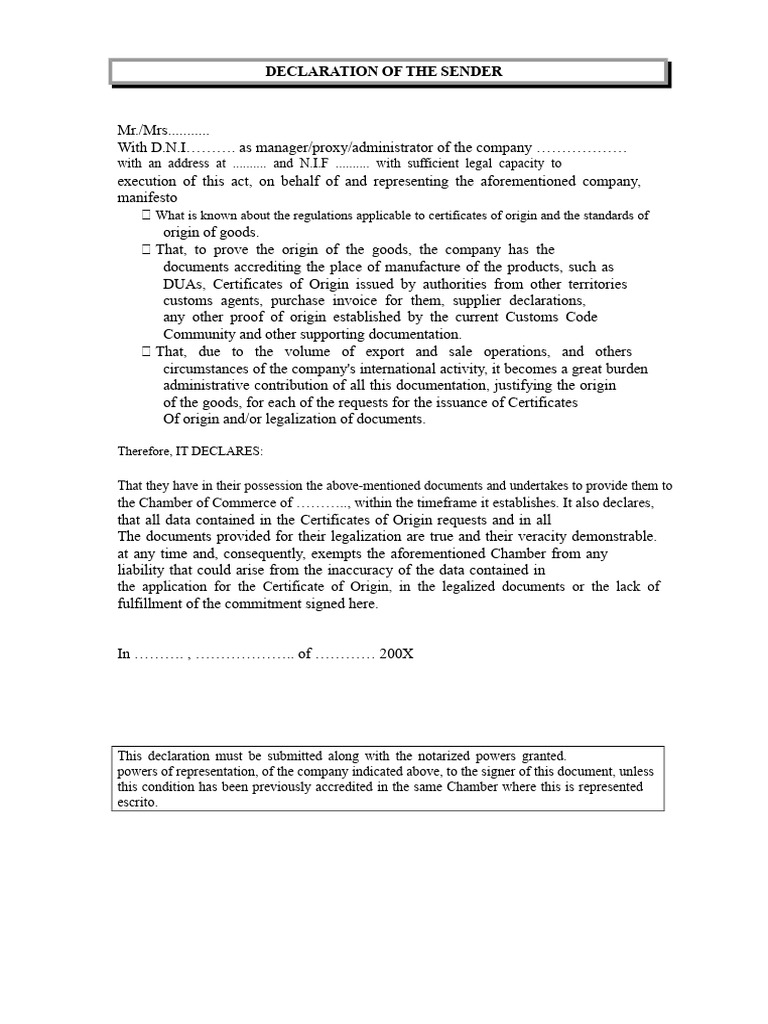 Certificate of Origin Declaration Template | PDF