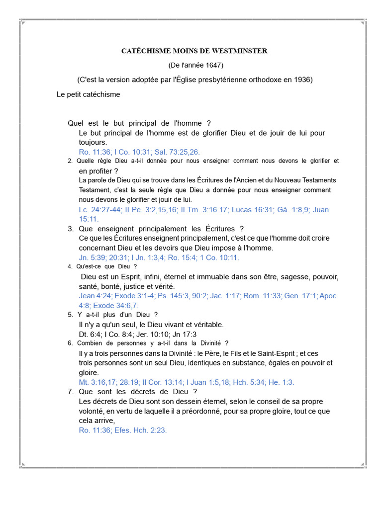 Catéchisme de Westminster : Fondements de la Foi | PDF | Baptisme ...