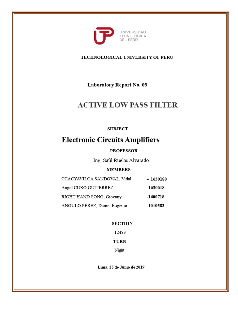 Lab 3 - Low Pass Active Filter | PDF | Electronic Filter | Low Pass Filter