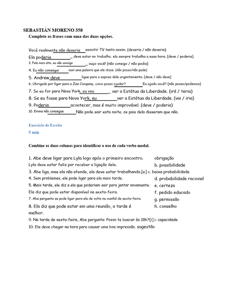 Exercícios de Verbos Modais em Inglês | PDF