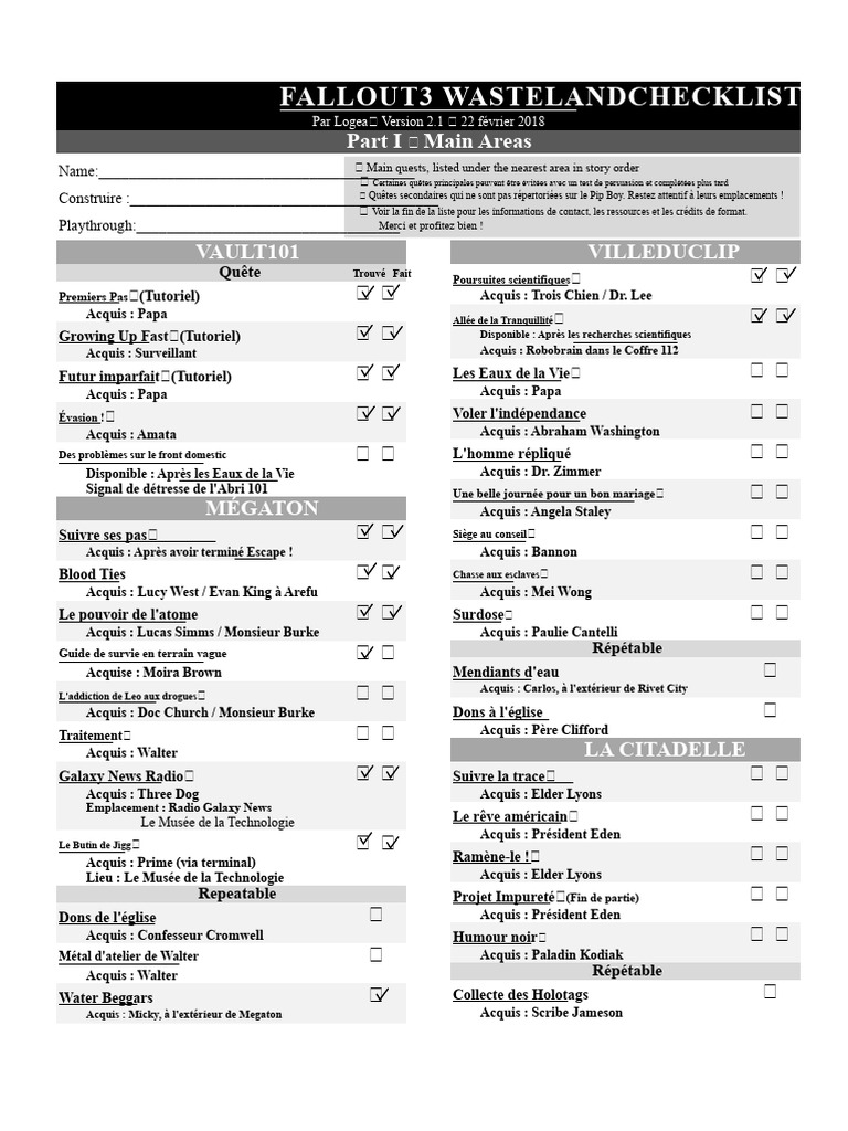 Checklist des Quêtes de Fallout 3 | PDF | Fusil
