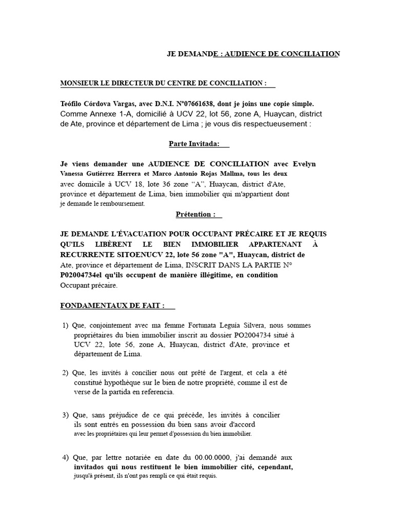 Demande d'audience de conciliation à Lima | PDF