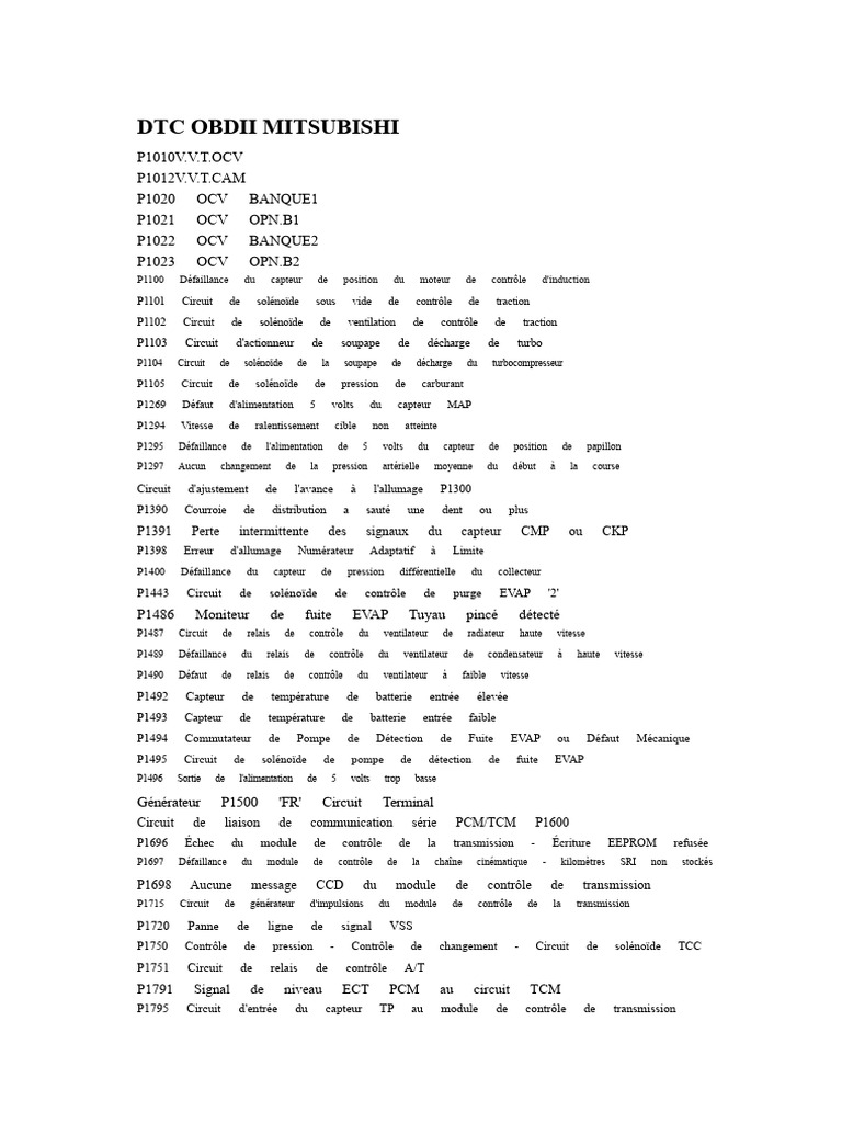 Codes d'erreur OBDII Mitsubishi PDF Allumage — free download
