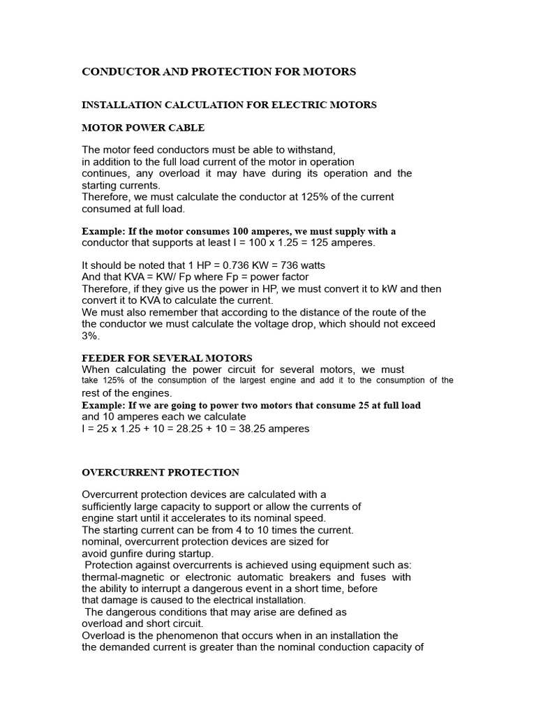 Motor Feeder and Protection Calculations | PDF | Electric Current ...