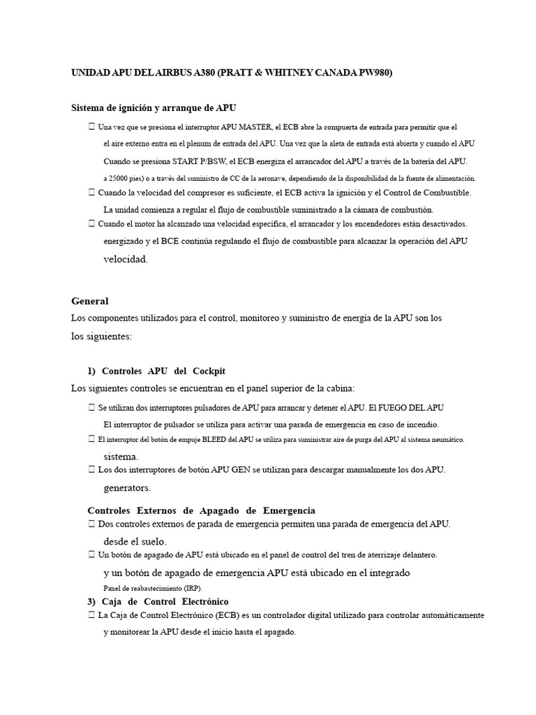APU del Airbus A380: Sistema PW980 | PDF | Motores | Corriente continua