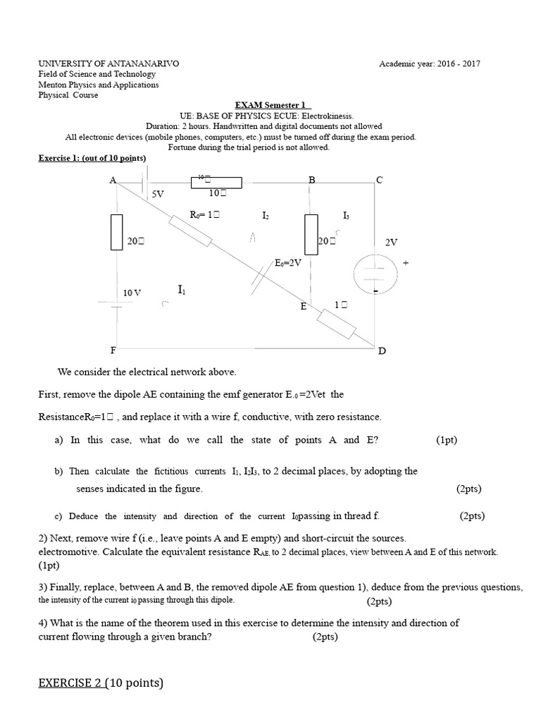 exam electric S1 2016-2017 | PDF | Electricity | Electrical Circuits