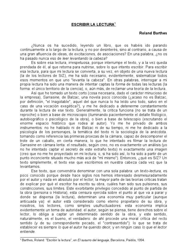 Escribir la lectura según Barthes | PDF | Lectura (proceso) | Autor