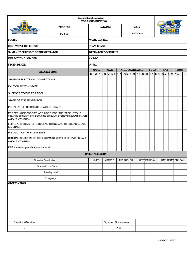 Preoperational Bank Grinding Inspection Checklist | PDF