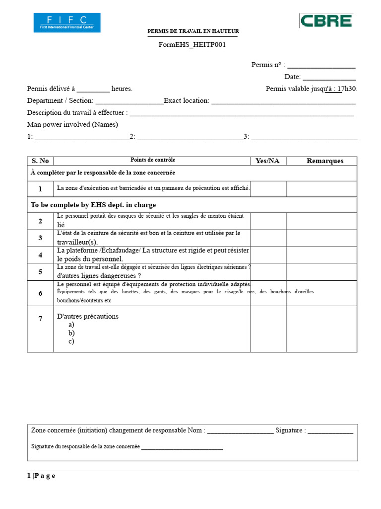 Permis de Travail en Hauteur EHS | PDF | Sécurité