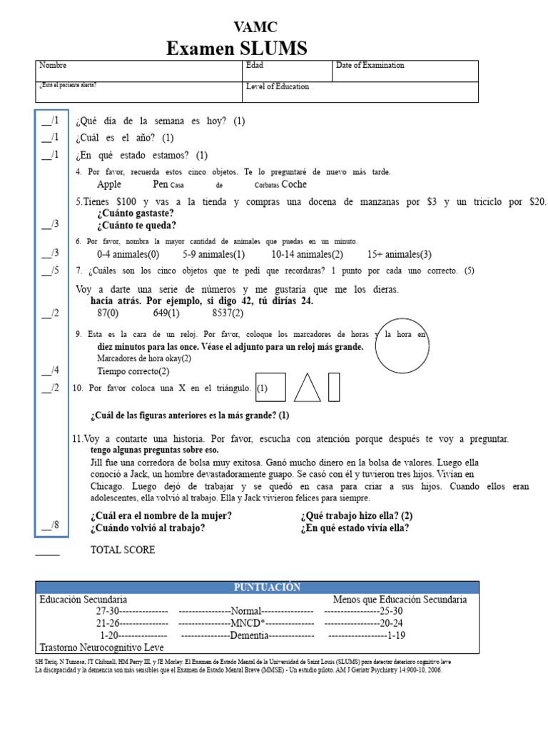 Examen SLUMS para Deterioro Cognitivo | PDF | Psicología cognitiva ...
