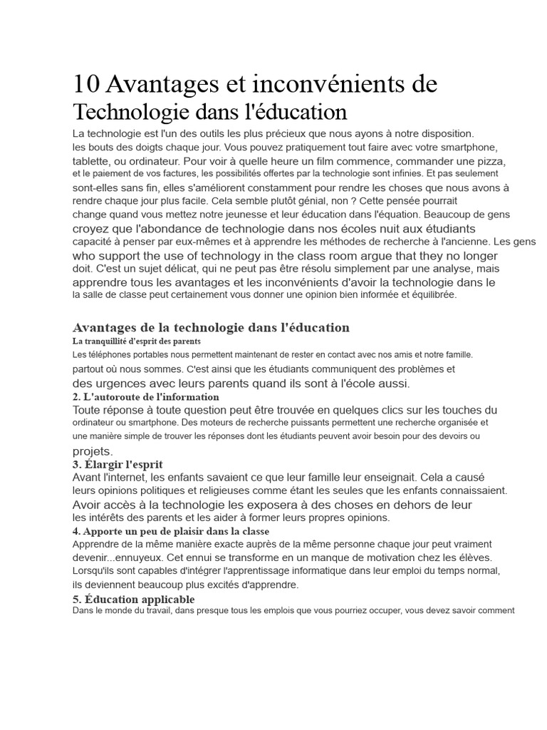 Avantages et inconvénients de la technologie éducative | PDF ...