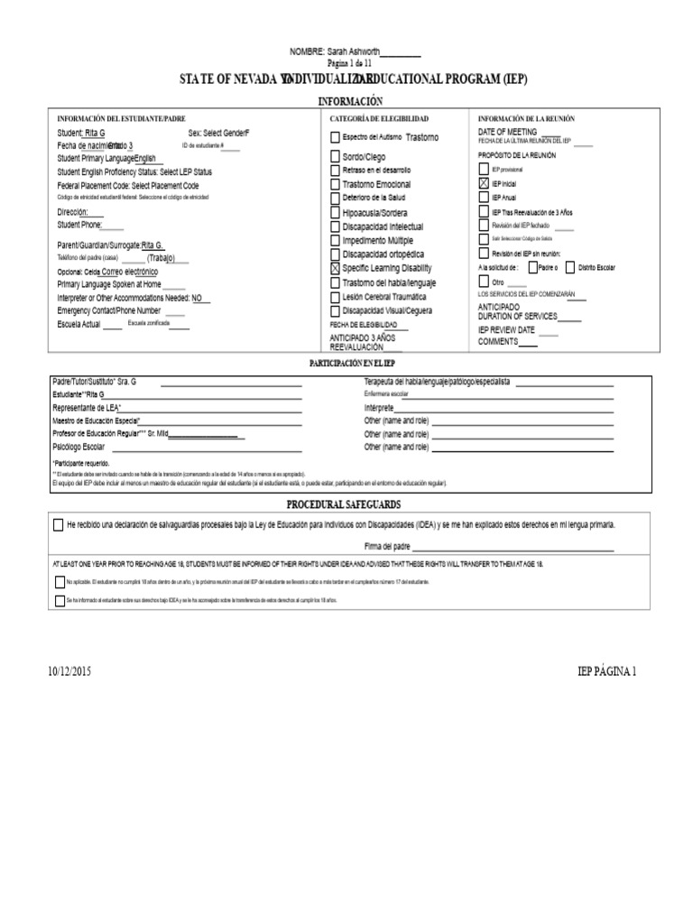 Formulario IEP de Nevada | PDF | Cociente de inteligencia | Educación ...