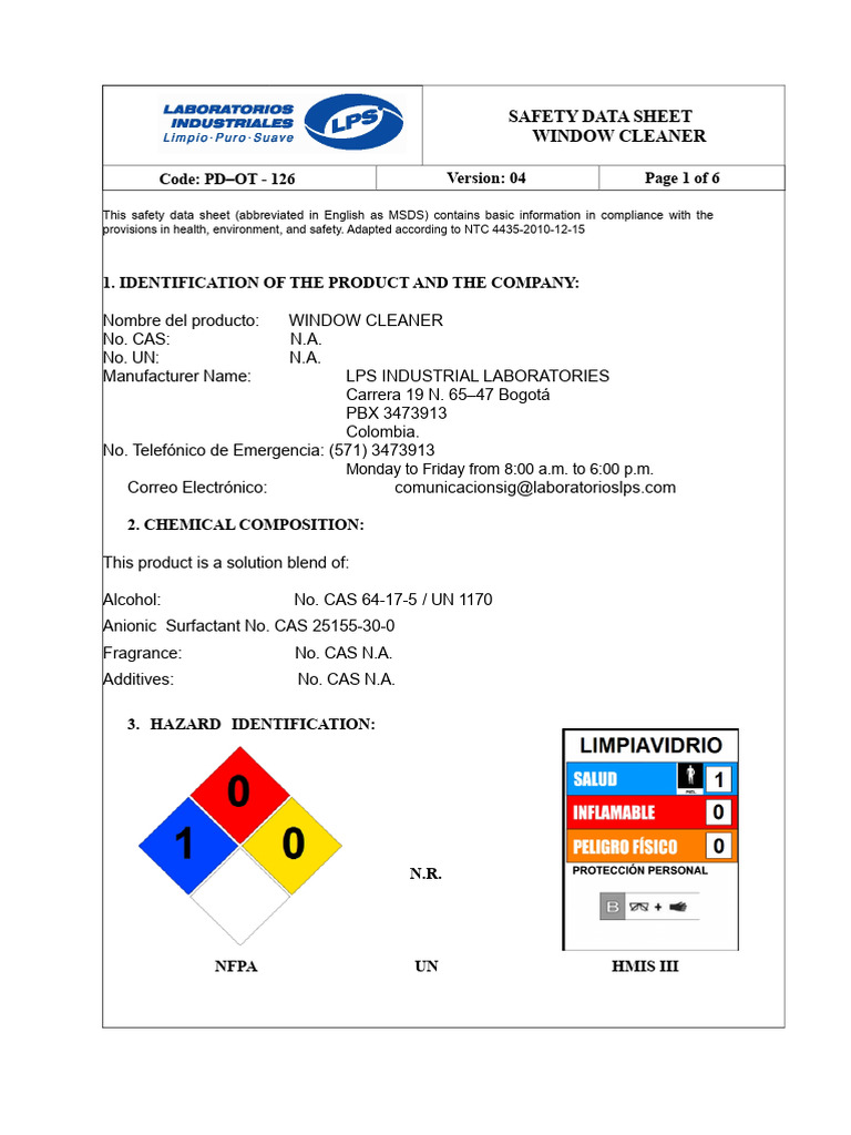 Window Cleaner Safety Data Sheet | PDF | Personal Protective Equipment ...