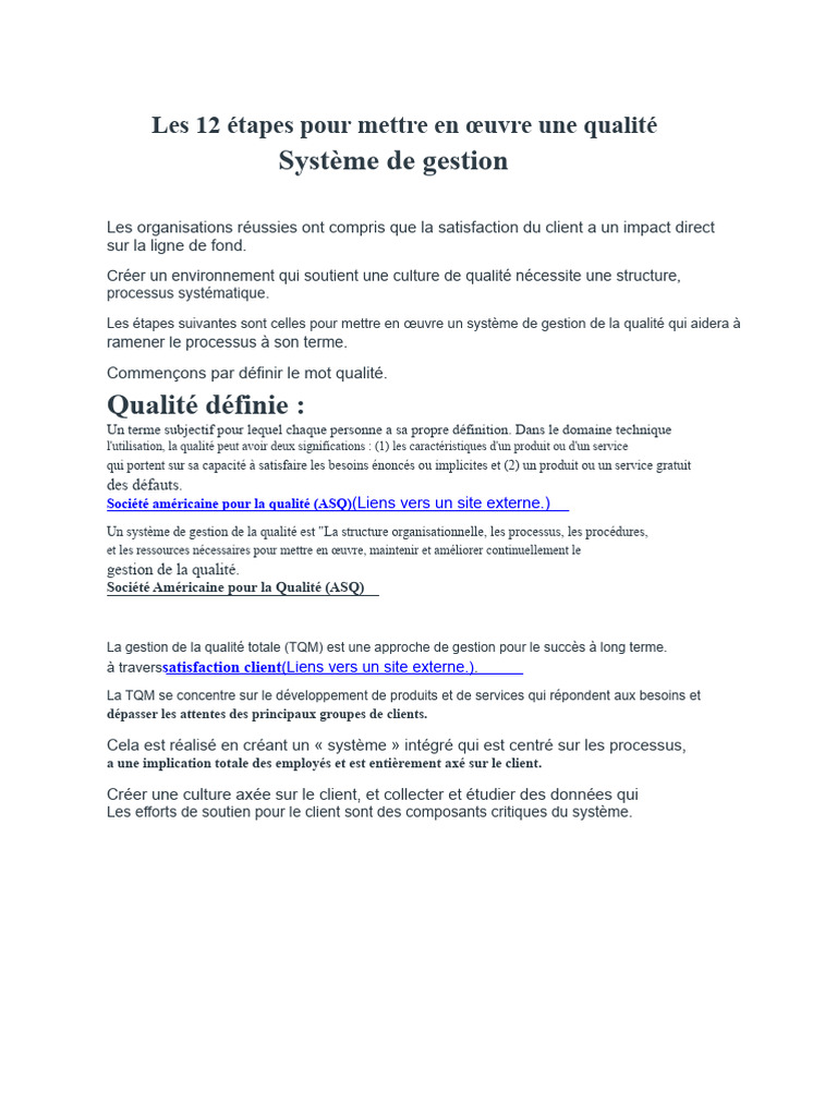 12 Étapes pour un Système de Qualité | PDF | Management de la qualité ...