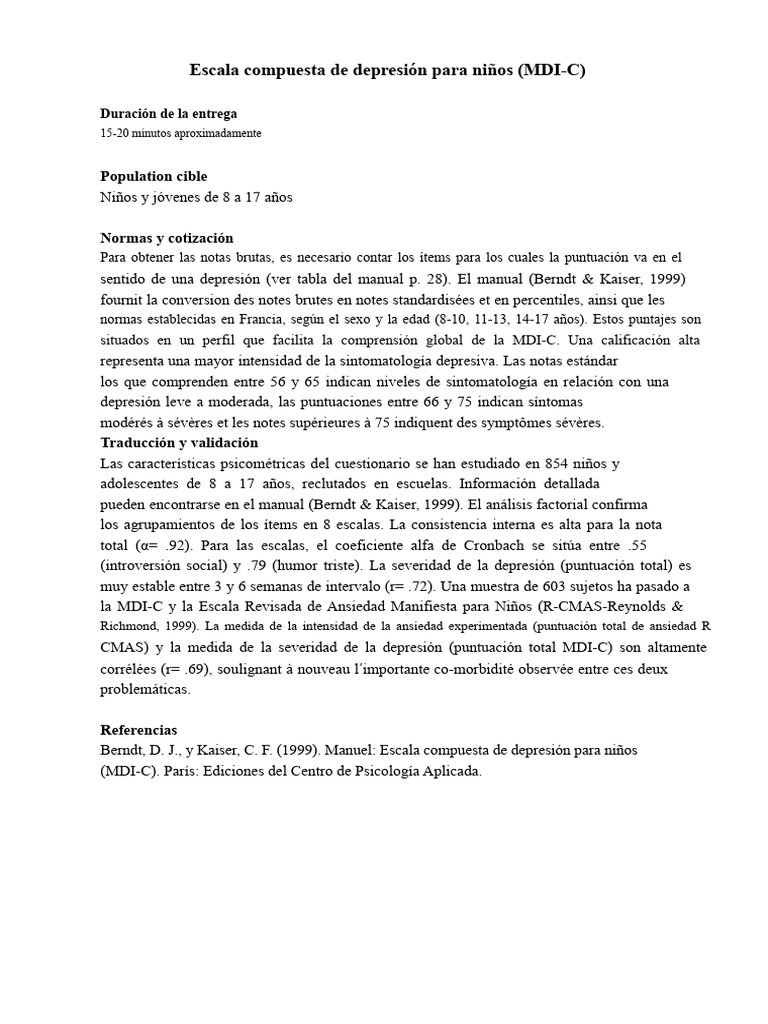 Cuestionario MDI-C | PDF | Depresión (estado de ánimo) | Ansiedad