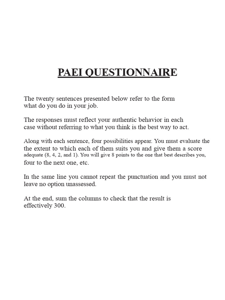 PAEI Questionnaire for Management Roles | PDF | Customer | Value ...