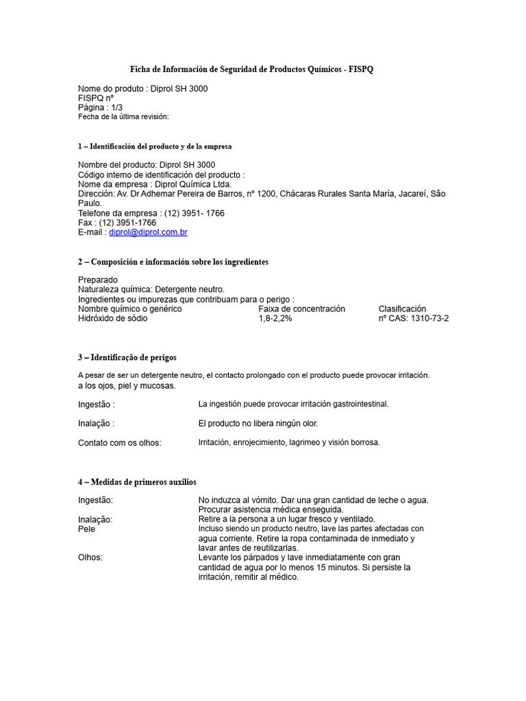 Ficha de Seguridad Diprol SH 3000 | PDF | Agua