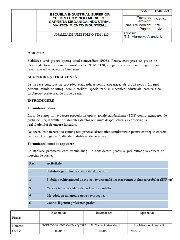 Analiza Uleiului Pentru Strungul STM 1120 | PDF
