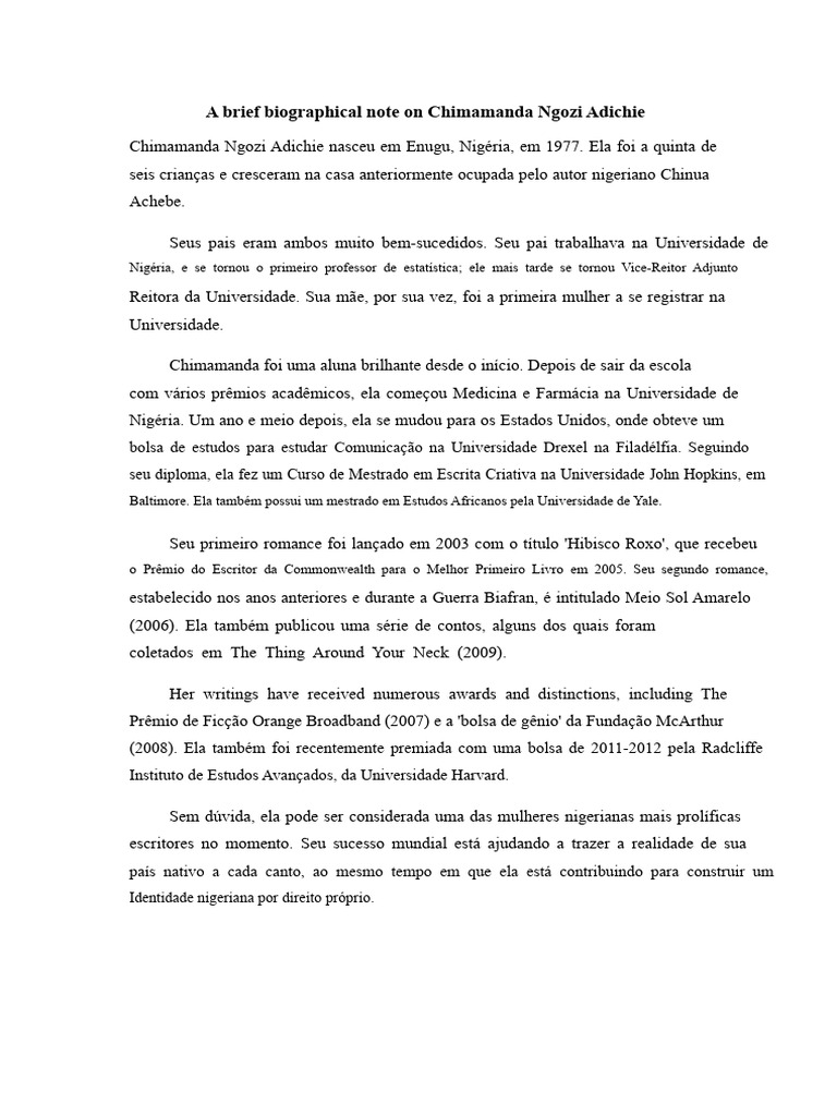 Biografia de Chimamanda Ngozi Adichie | PDF