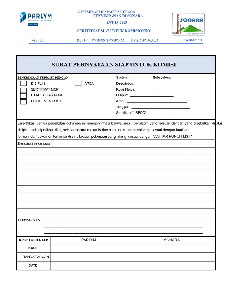 Sertifikat Siap Komisioning EPCCS Sonara | PDF