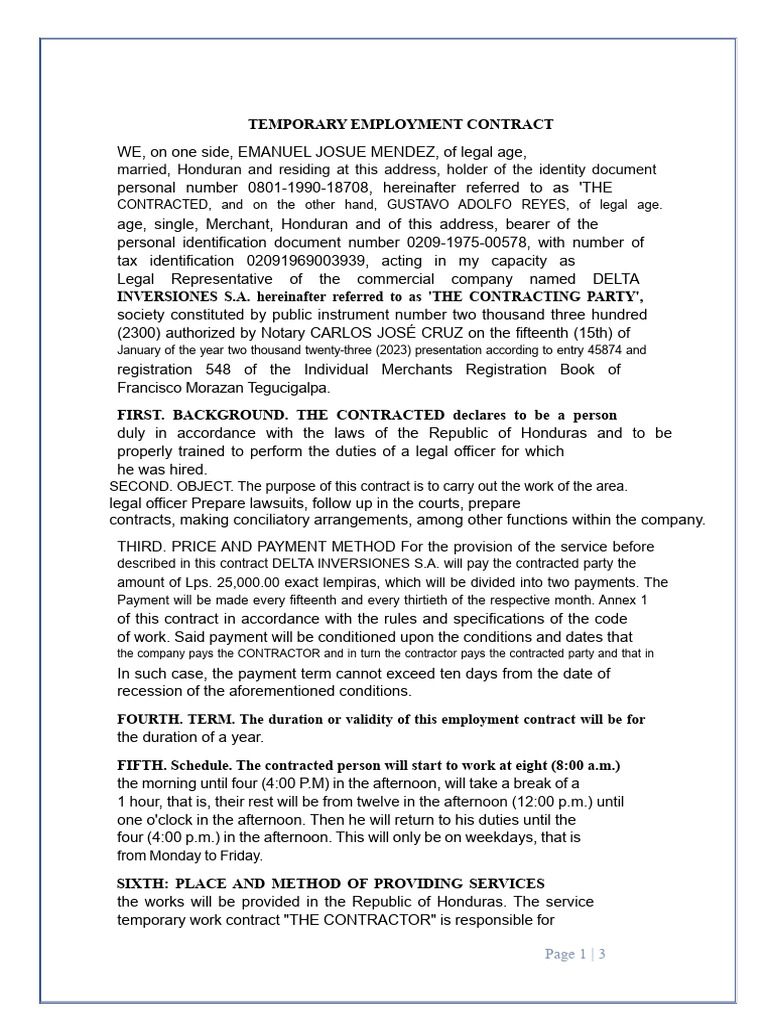 Temporary Employment Contract Template | PDF | Civil Law (Legal System ...