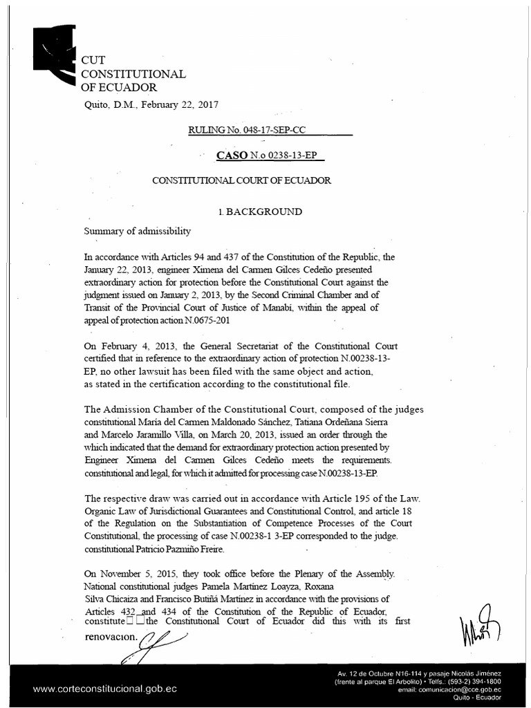 Ecuador Constitutional Court Ruling 048-17 | PDF | Court System Of ...