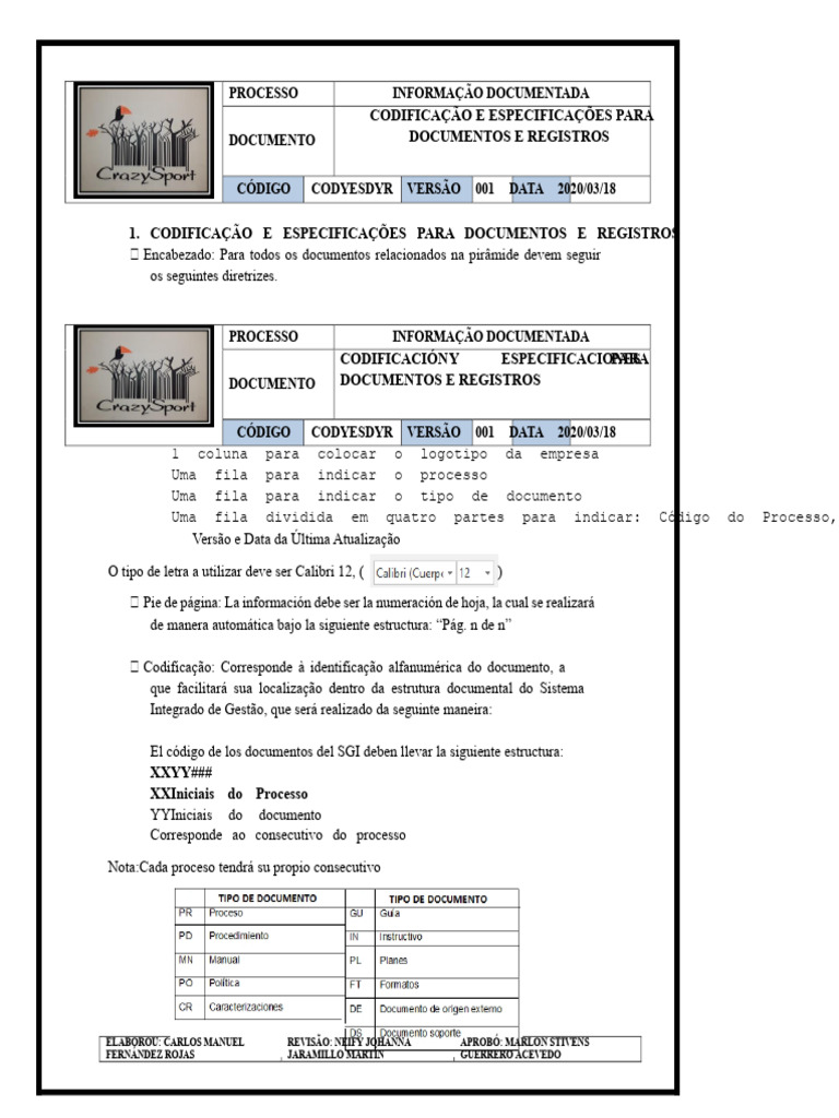Exemplo de Codificação e Especificações para Documentos e Registros ...