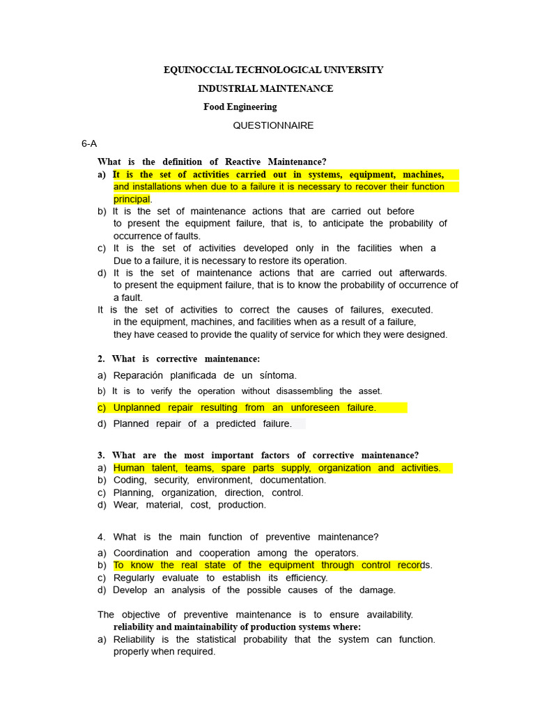 Maintenance Questionnaire | PDF | Gases | Reliability Engineering