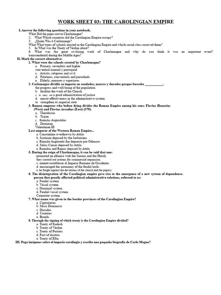 Carolingian Empire Worksheet Guide | PDF | Roman Empire | Late Antiquity