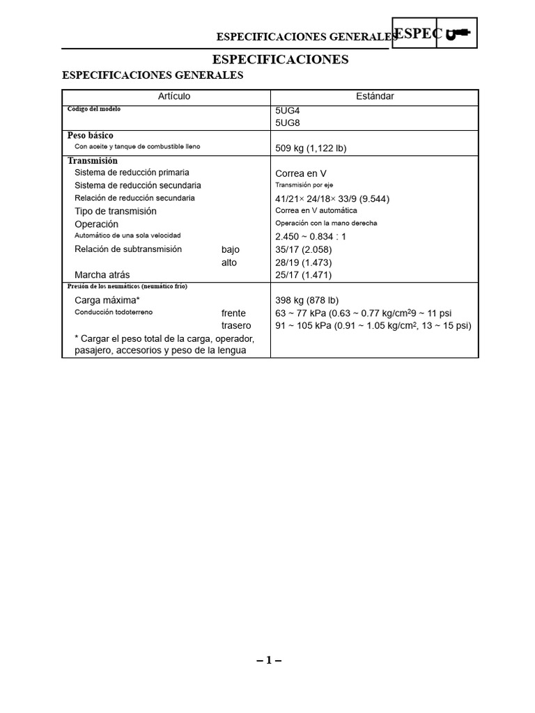 Especificaciones Técnicas de Modelos 5UG4 y 5UG8 | PDF | Carburador ...