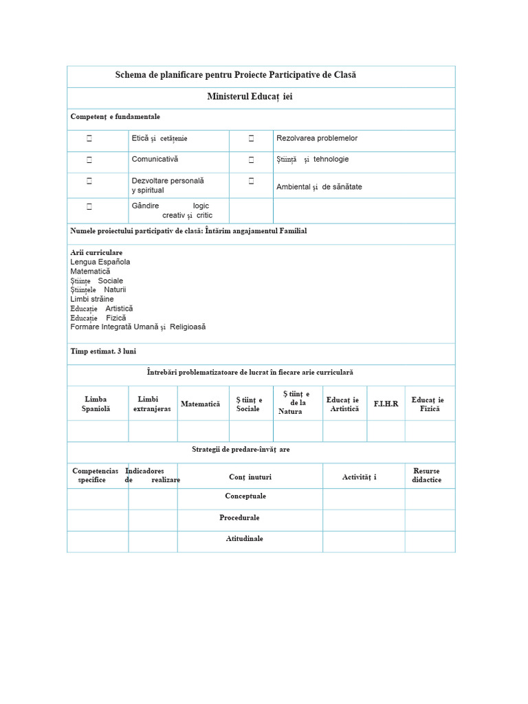 Schema de Planificare Pentru Proiecte Participative În Clasã | PDF