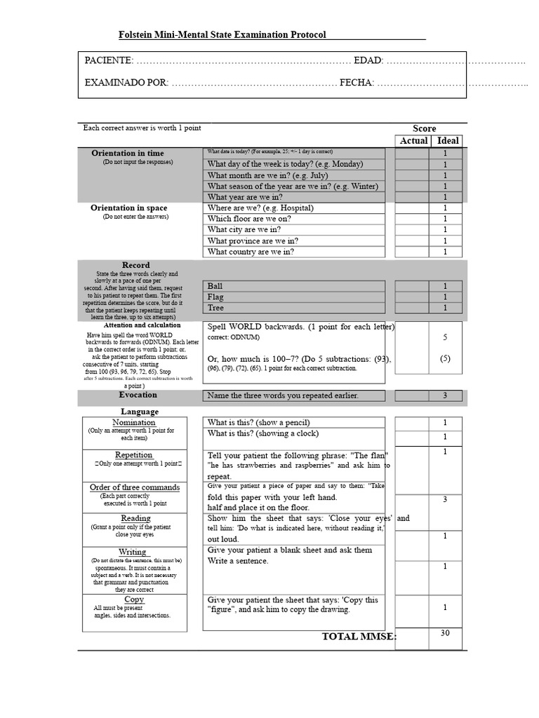 Folstein MMSE Assessment Protocol | PDF | Psychological Concepts