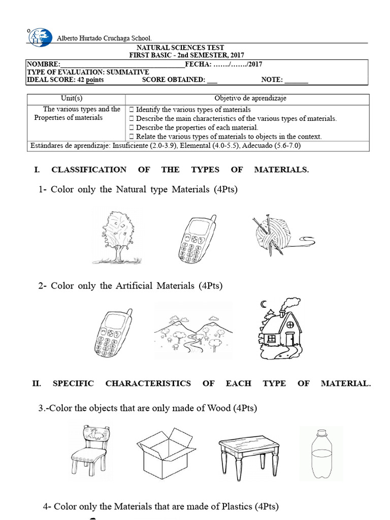 Science Test Types of Materials | PDF