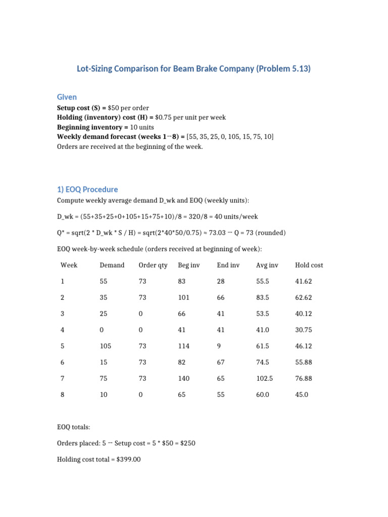 Lot-Sizing Methods for Beam Brake Company | PDF | Business Economics ...