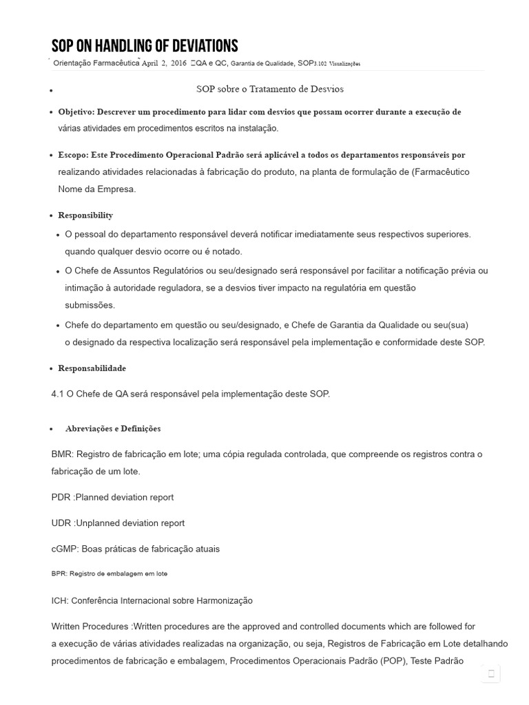 SOP para Tratamento de Desvios Farmacêuticos | PDF | Qualidade ...
