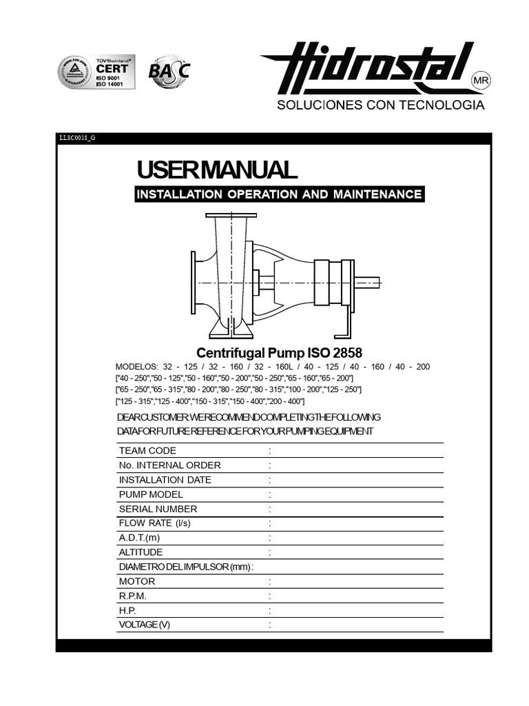 Centrifugal Pump User Manual ISO 2858 | PDF | Pump | Bearing (Mechanical)