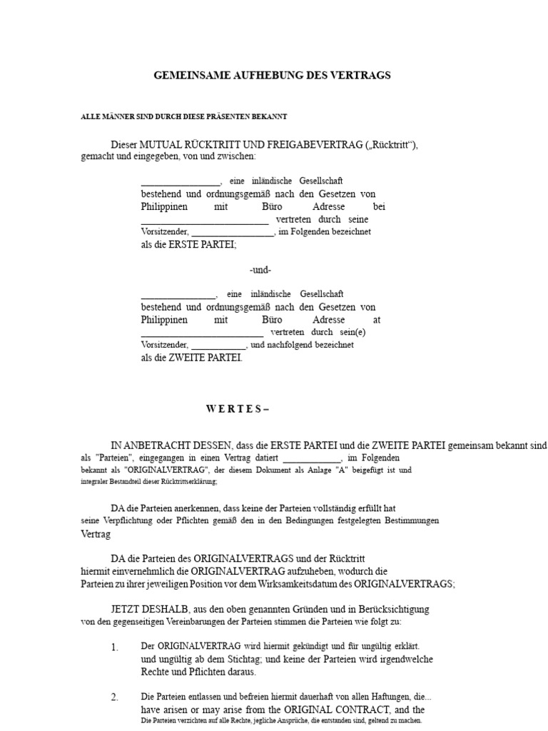 Mutualer Rücktritt Vom Vertrag | PDF