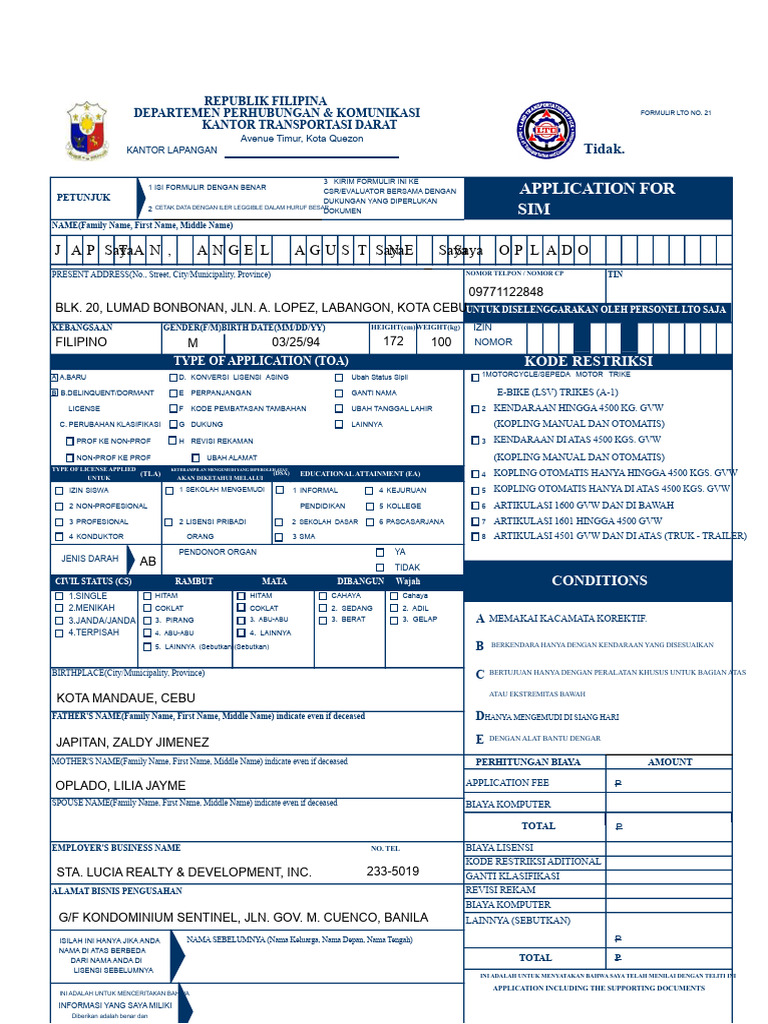 Formulir Aplikasi SIM Filipina | PDF
