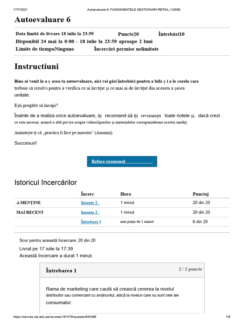 Autoevaluare 6 - FUNDAMENTELE GESTIONĂRII RETAIL (12538) | PDF